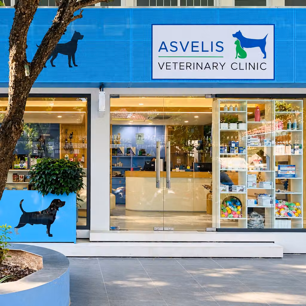 La façade bleue de la clinique ASVELIS, rue Tô Ngọc Vân, avec un arbre au premier plan