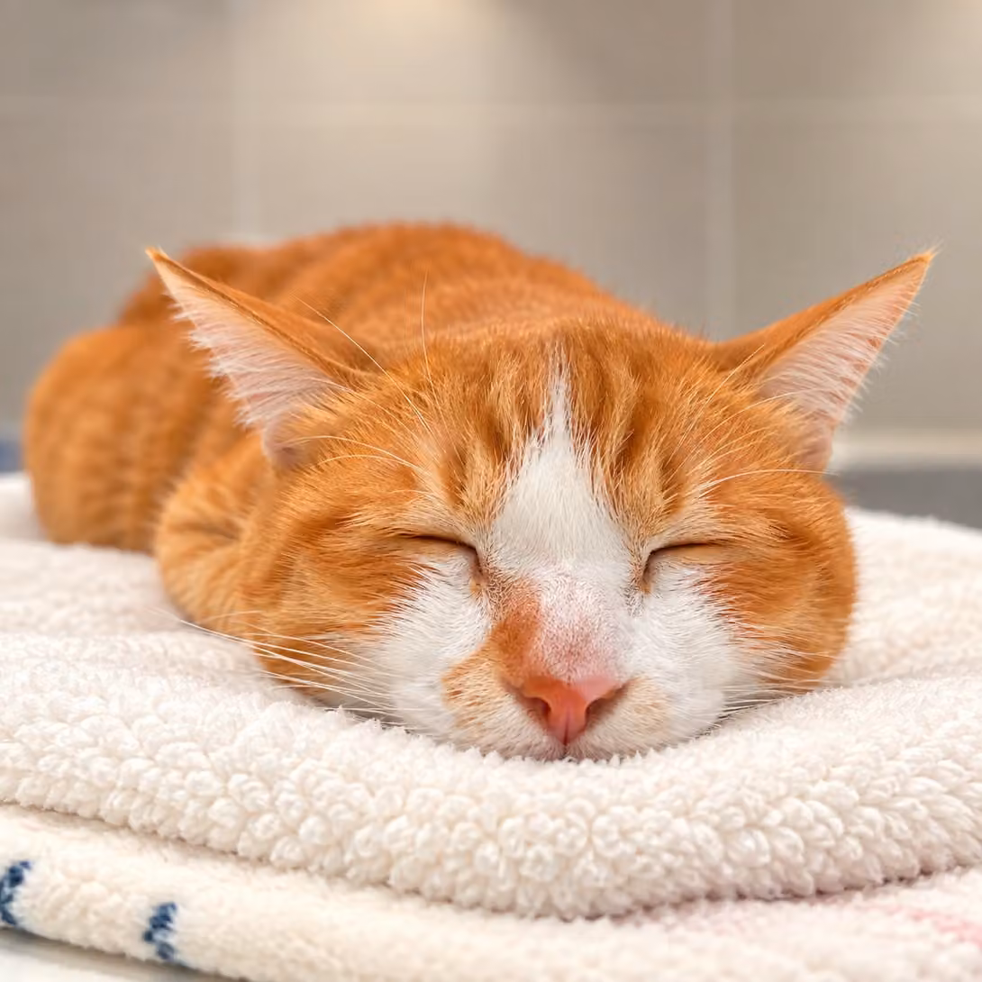 Un chat roux et blanc endormi sur une serviette moelleuse