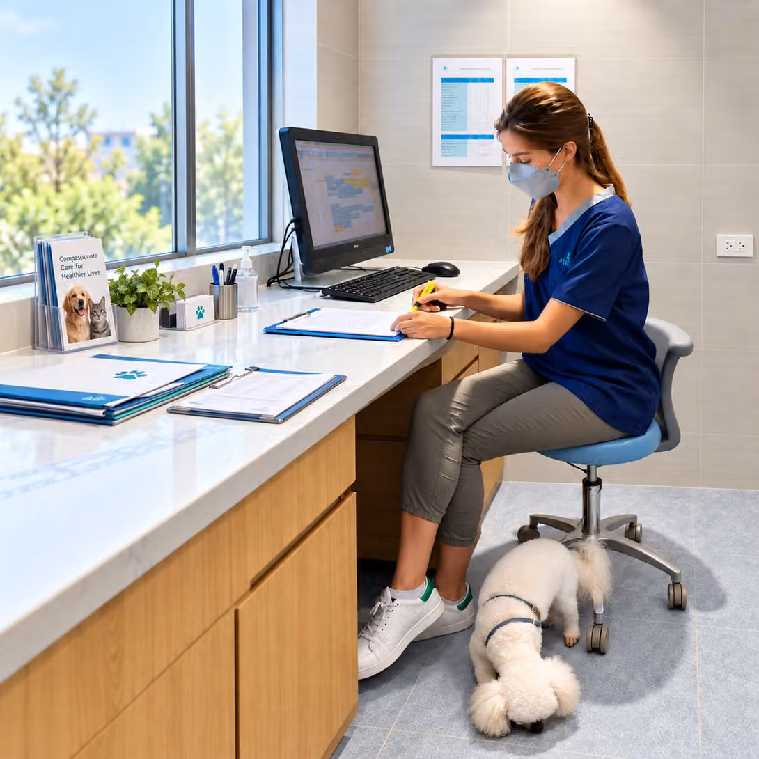 Une vétérinaire rédige ses notes à un bureau lumineux, un caniche à ses pieds